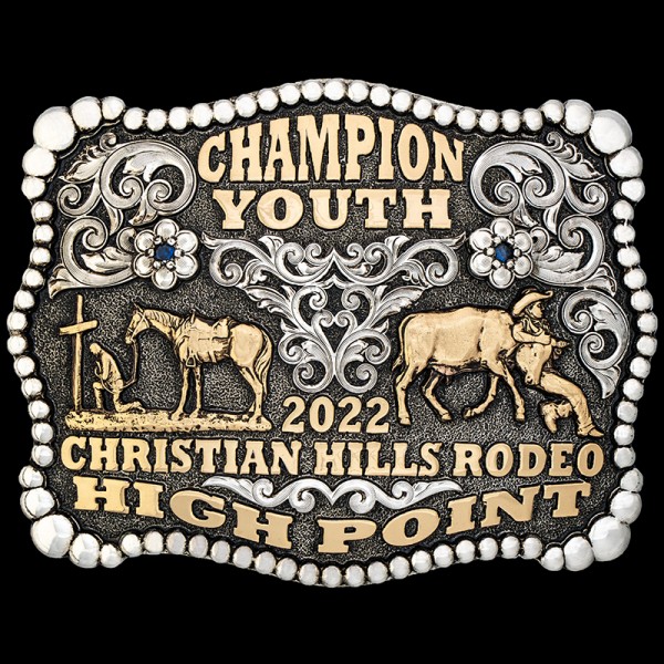 Our Elko Custom Belt Buckle features highest quality German Silver base and scrollwork with two customizable western figures. Personalize this unique belt buckle today! 